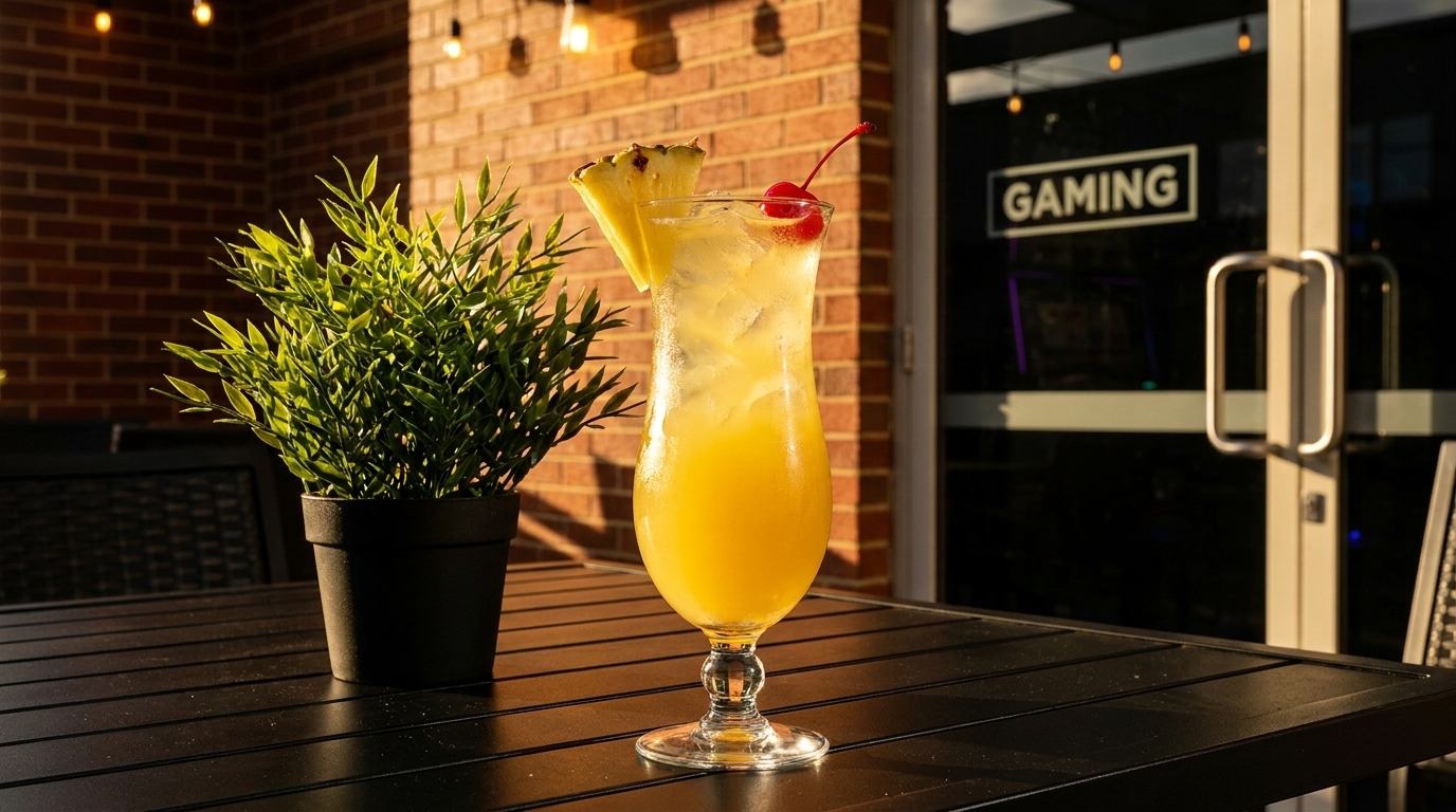 Tropical cocktail with pineapple and cherry on an outdoor patio table next to a potted plant.