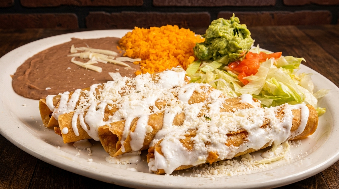 Golden taquitos drizzled with sour cream and cheese, served with rice, beans, guacamole, and salad.