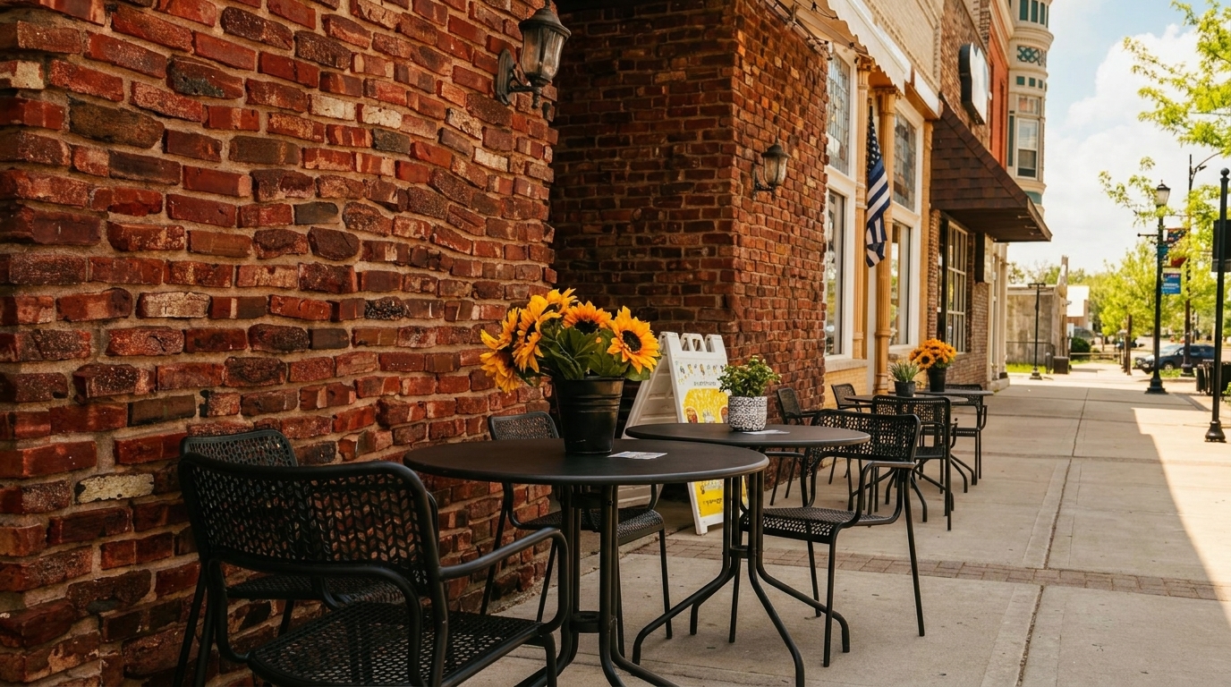Outdoor patio seating with black tables and chairs, adorned with sunflowers, next to a brick building.