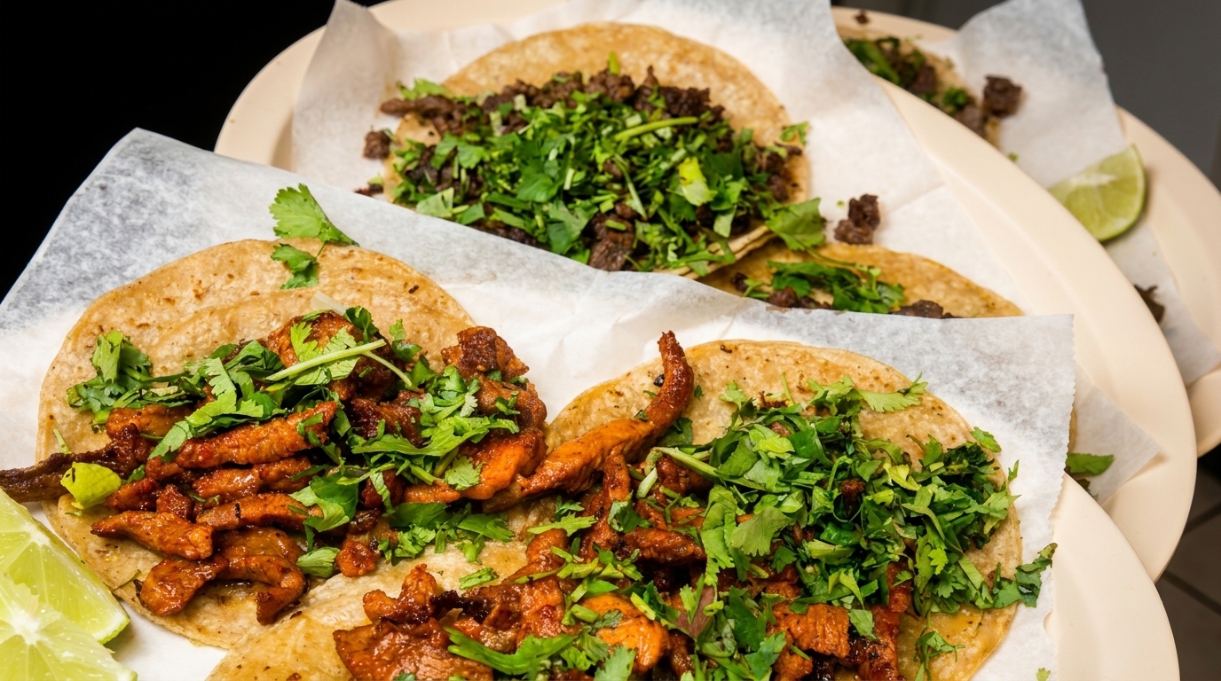 Plates of tacos with various meat fillings, fresh cilantro, and lime wedges.