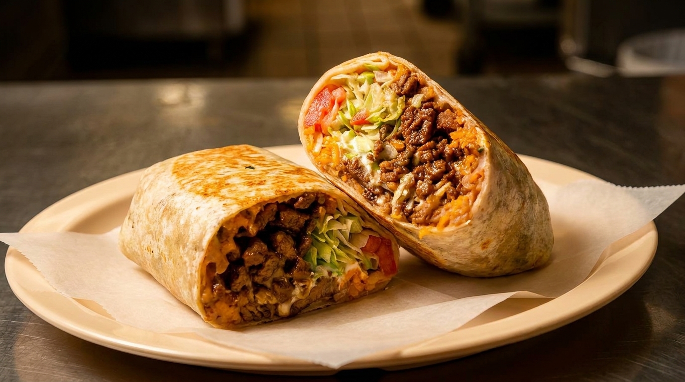 Two halves of a large, grilled burrito filled with meat, rice, lettuce, and tomatoes on a plate.