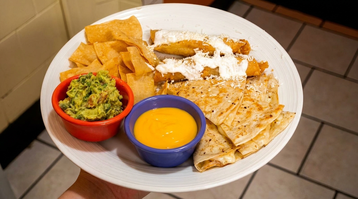 A white plate holds taquitos, quesadillas, tortilla chips, guacamole, and cheese dip.