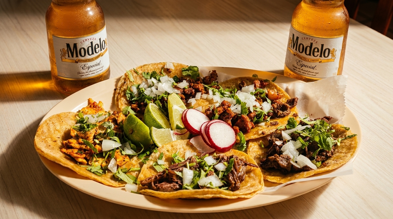 A plate of five assorted tacos with lime, radish, and two Modelo Especial beers on a wooden table.