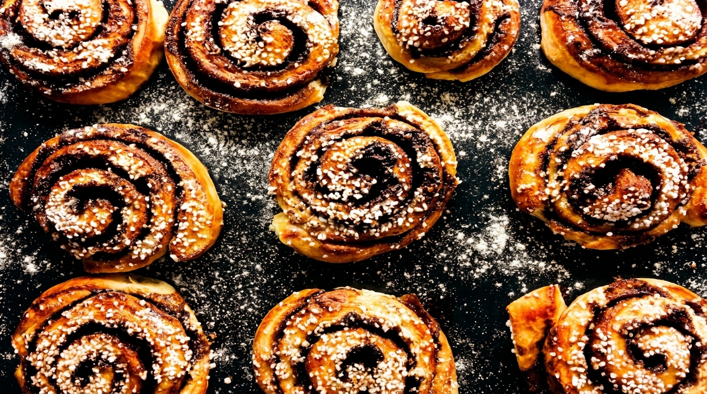 Nine cinnamon rolls with pearl sugar on a dark surface dusted with flour.