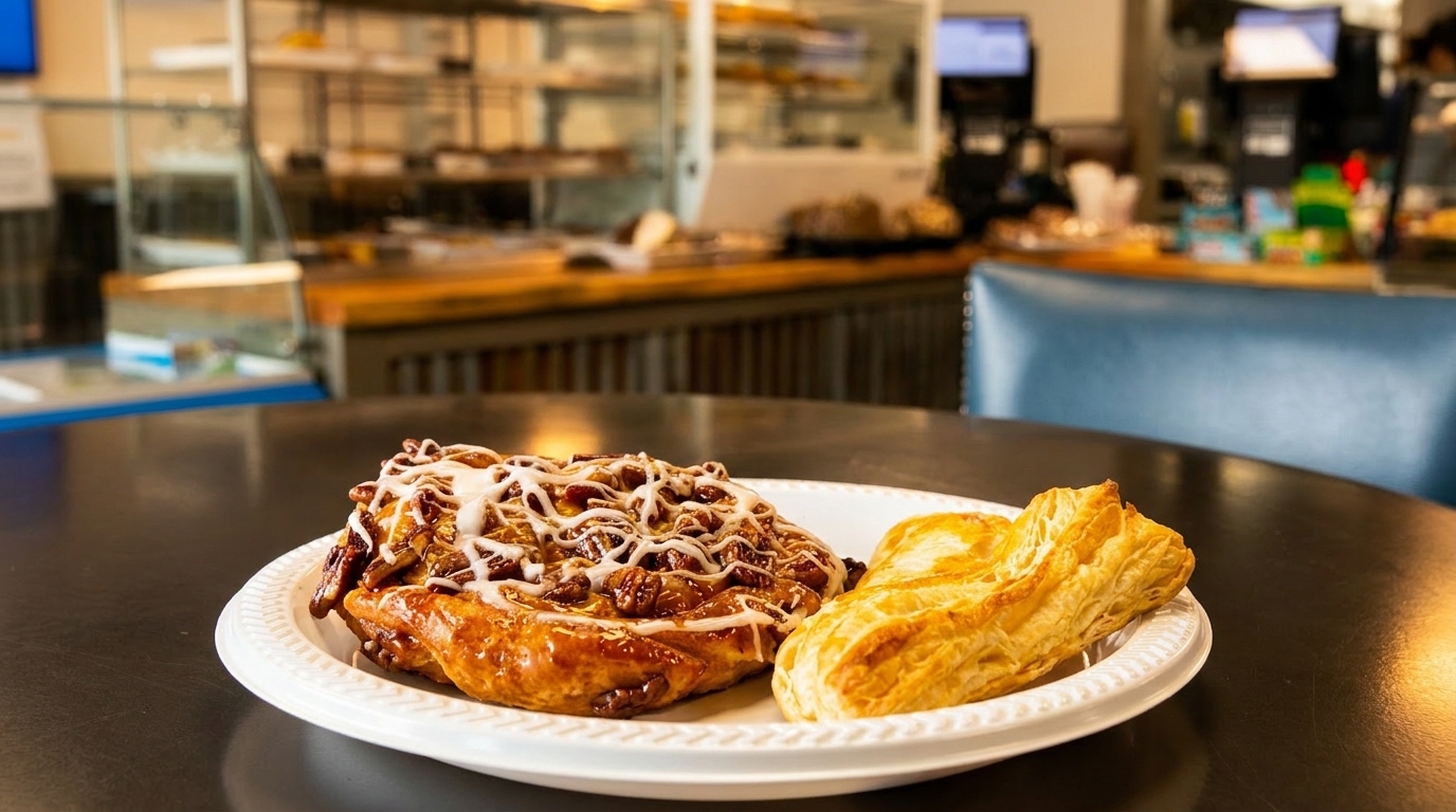 A pecan roll and a pastry on a white plate, with a blurred bakery counter in the background.
