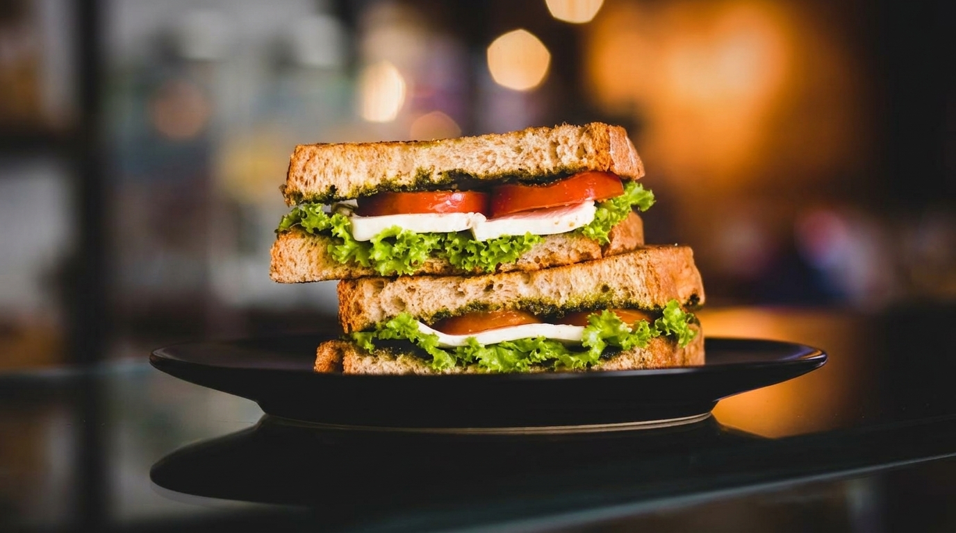 Two stacked pesto sandwiches with lettuce, tomato, and mozzarella on a black plate.