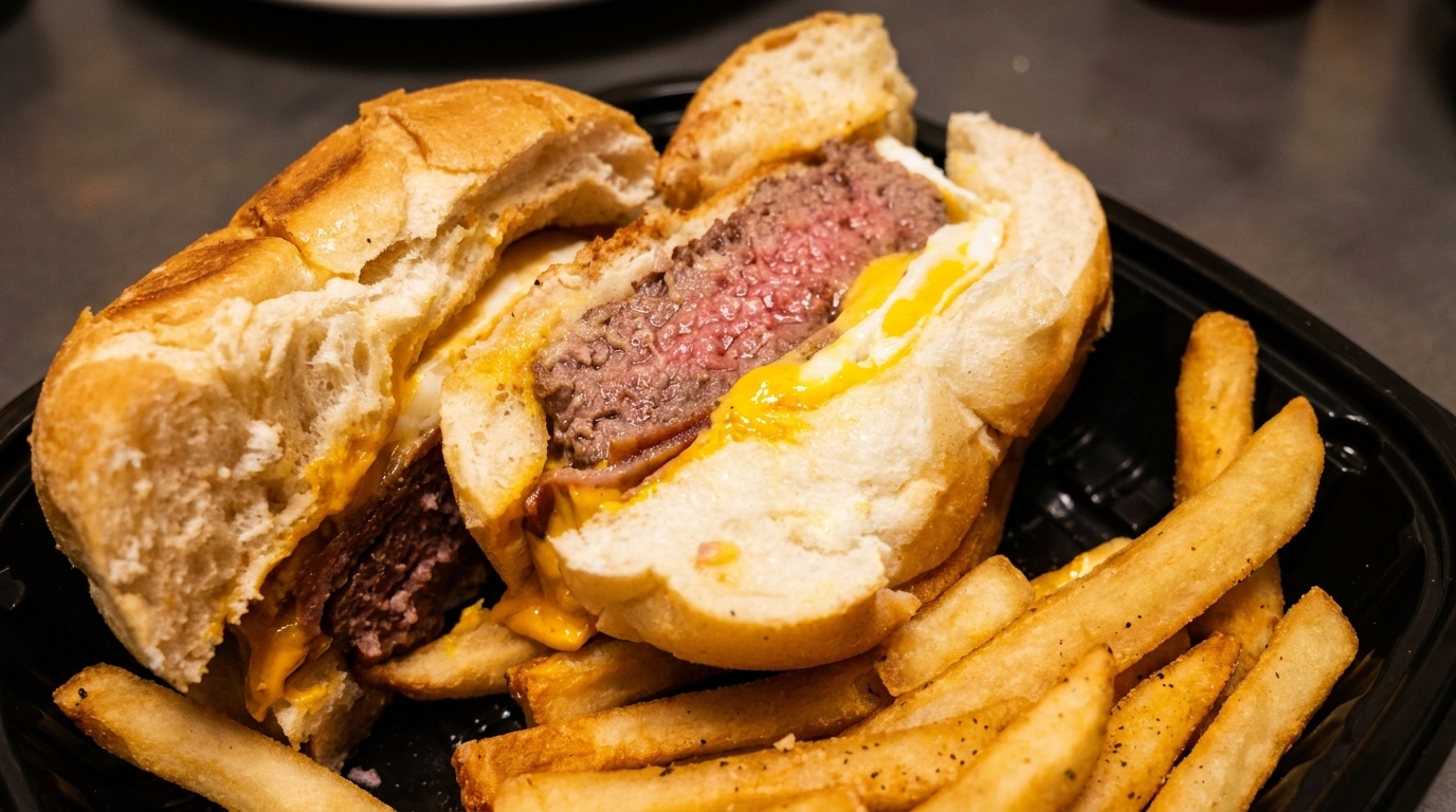 A cut-open burger with a medium-rare patty, melted cheese, and fried egg, served with fries.