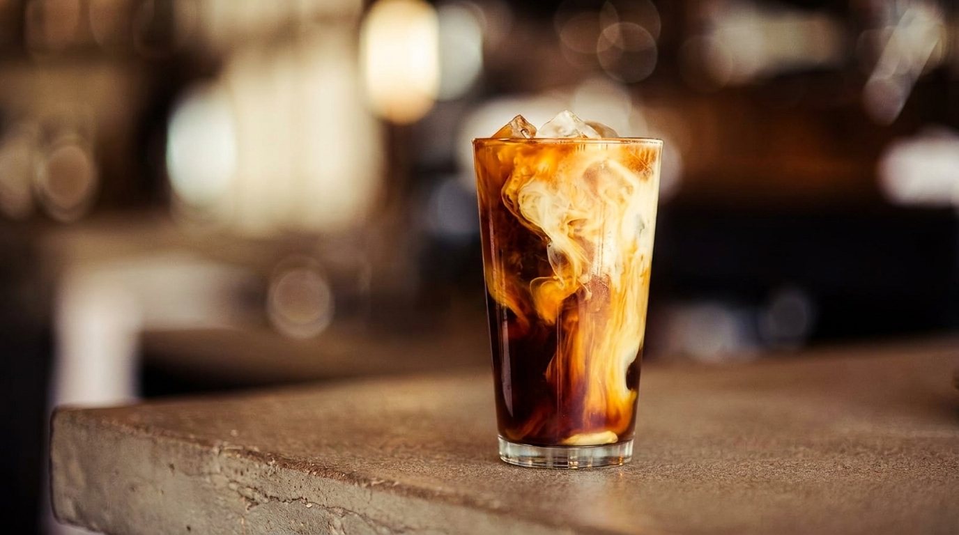 Iced coffee with cream swirling into dark coffee, on a textured counter with blurred background.