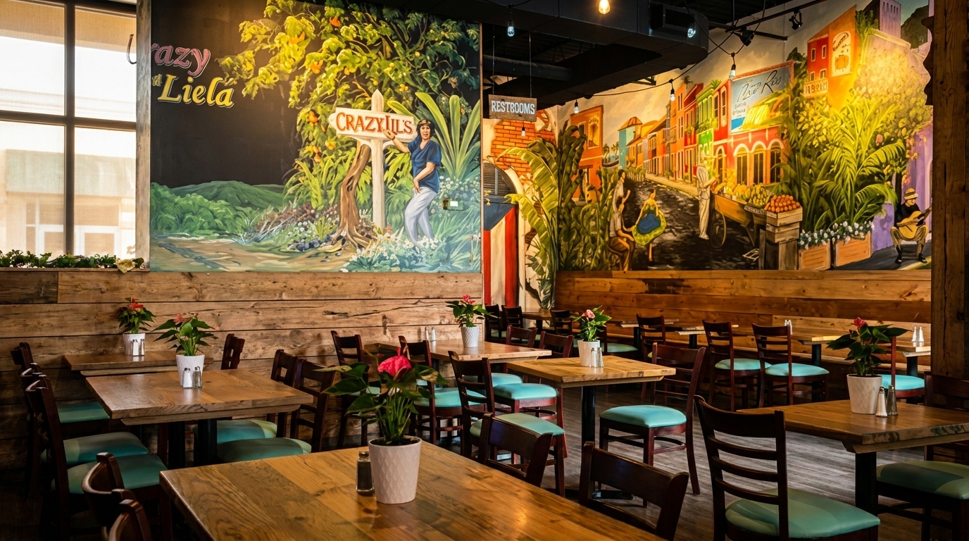 Restaurant interior with colorful murals depicting tropical scenes, wooden tables, and teal-cushioned chairs.
