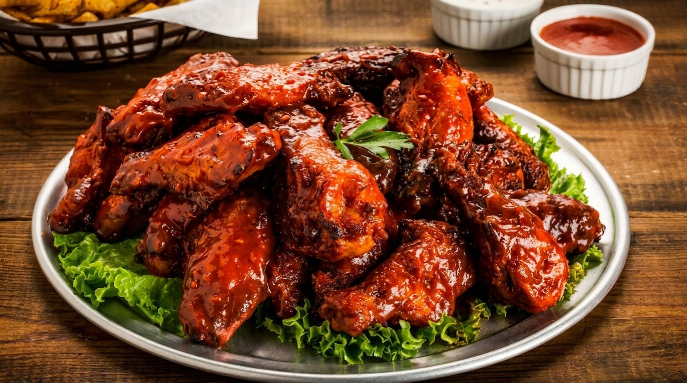 A platter of glossy, red-sauced chicken wings on a bed of lettuce, with dipping sauces in the background.