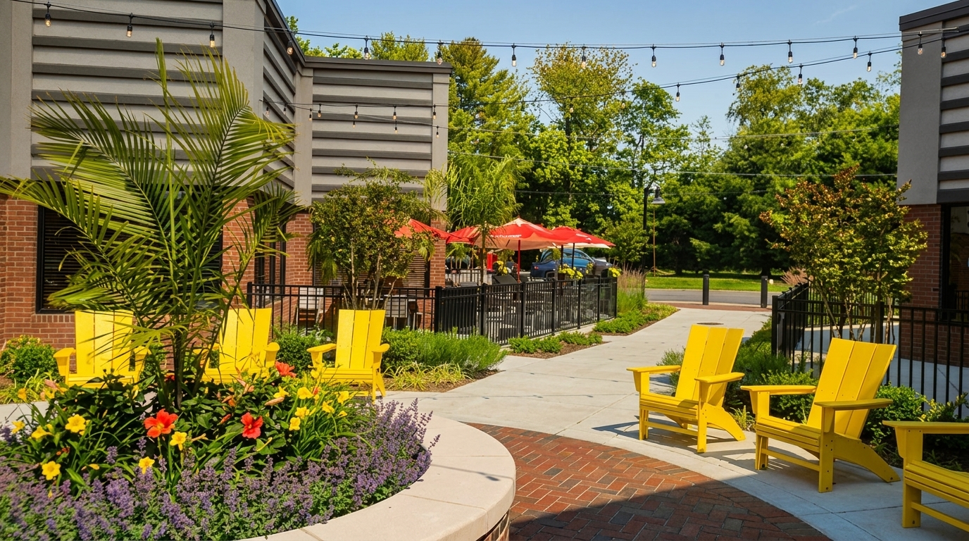 Outdoor patio with yellow Adirondack chairs, string lights, red umbrellas, and lush green landscaping.