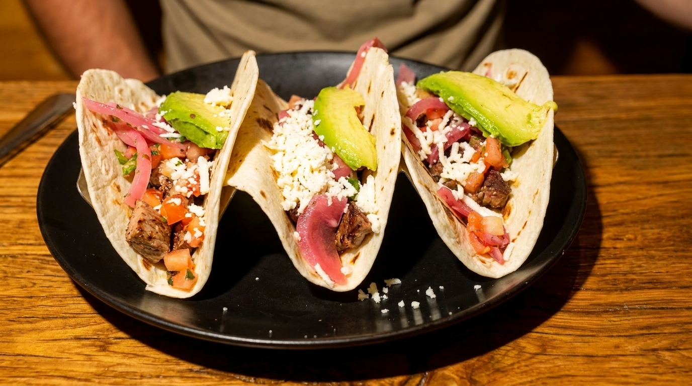 Three tacos with meat, pico de gallo, pickled onions, avocado, and cheese on a black plate.