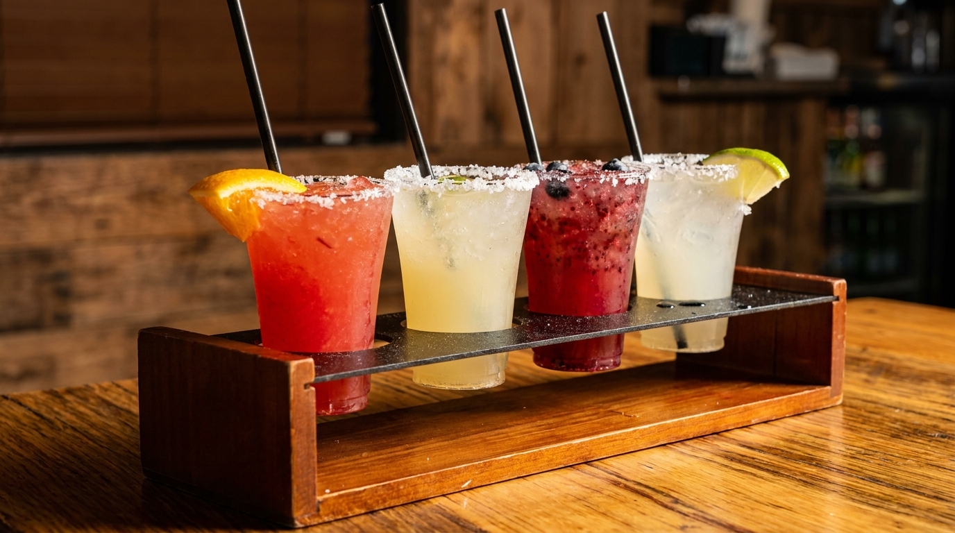 Four colorful margaritas, garnished with fruit and salt, in a wooden serving tray on a rustic table.