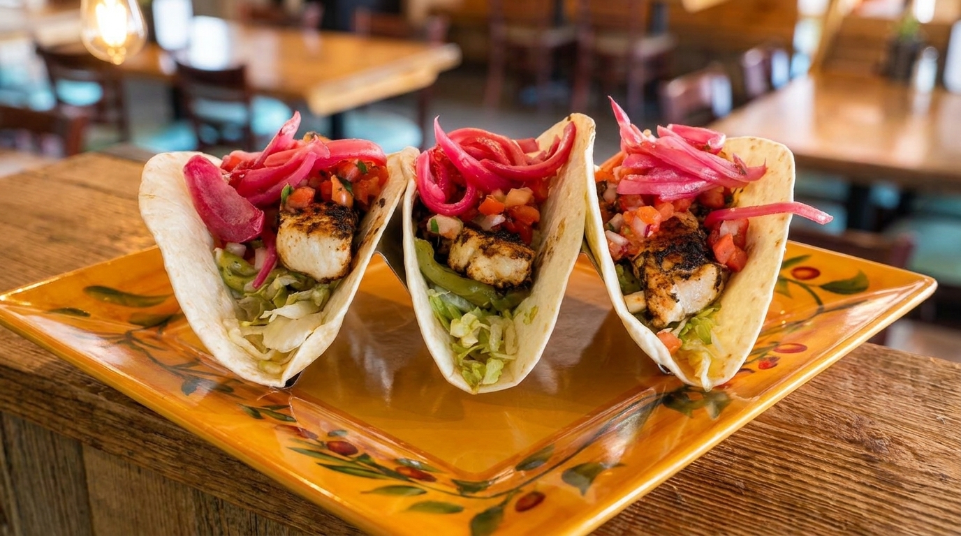 Three fish tacos with grilled fish, shredded lettuce, pico de gallo, and pickled red onions.