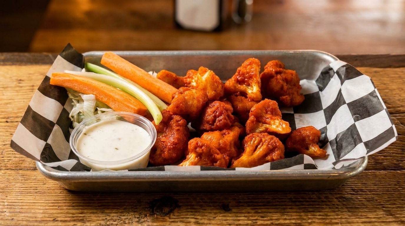 A metal tray of buffalo cauliflower bites with ranch dip, carrots, and celery on a wooden table.