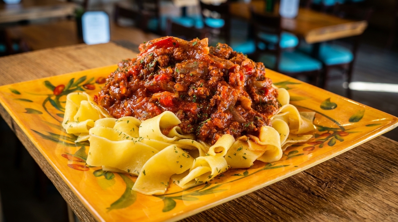 Pappardelle pasta with a rich, chunky bolognese sauce on a decorative yellow plate.