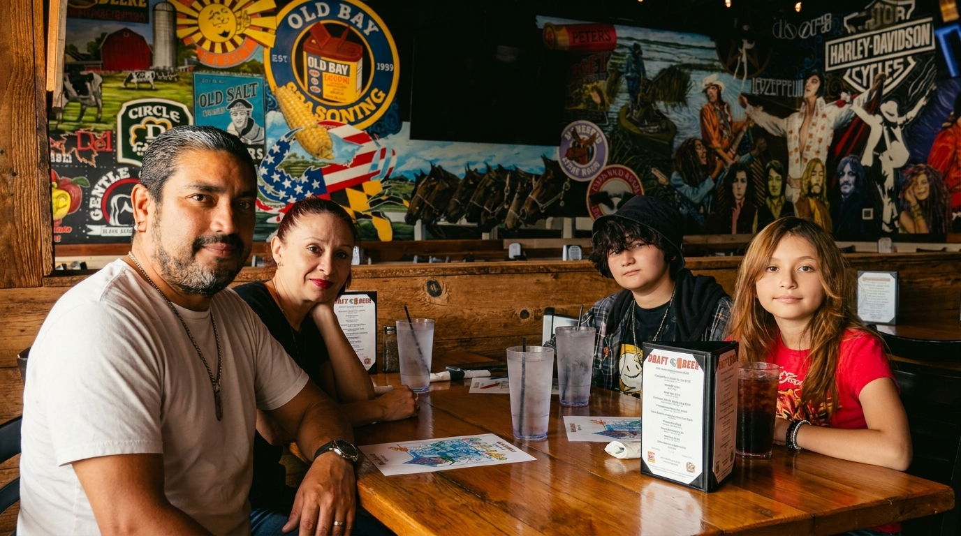 A family of four sits at a wooden table in a restaurant with colorful wall murals.