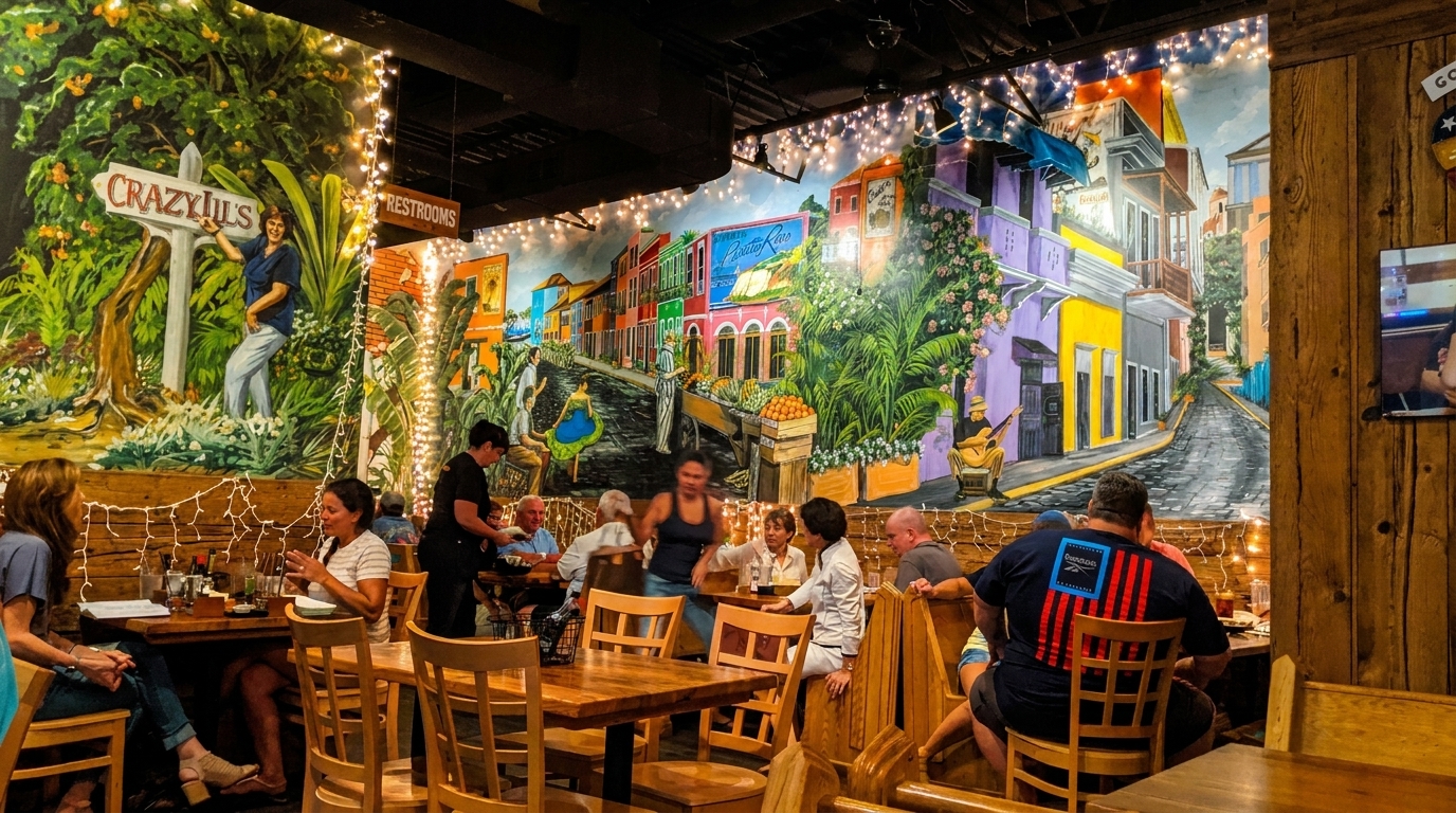 Restaurant interior with patrons dining, vibrant murals of a colorful town and tropical foliage, and string lights.