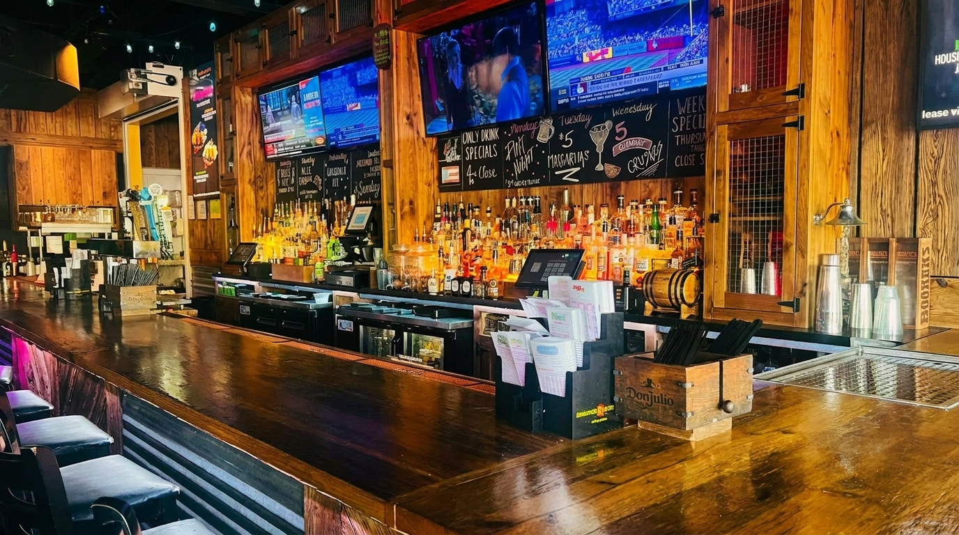 A well-stocked bar with numerous liquor bottles, three large TVs, and daily specials on chalkboards.