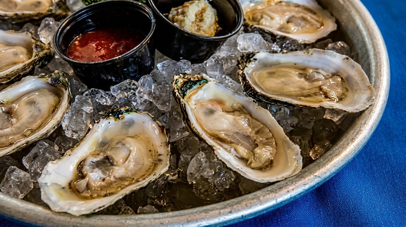 Fresh oysters on the half shell, served on ice with cocktail sauce and mignonette.