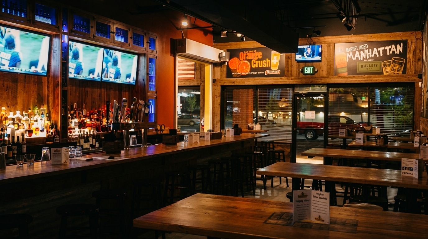 A dimly lit restaurant interior with a long wooden bar, multiple TVs, and empty tables.