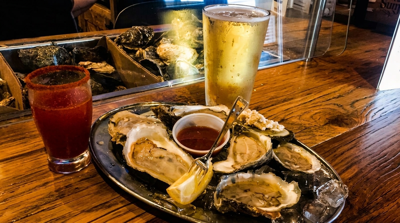 Fresh oysters on ice with lemon, sauce, a michelada, and beer on a wooden bar.