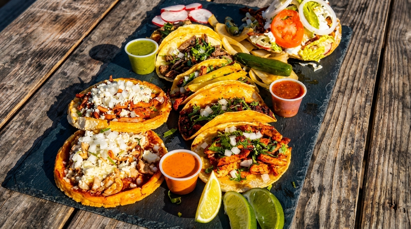 Assortment of tacos, sopes, and tostadas with various toppings, salsas, and lime wedges on a wooden table.