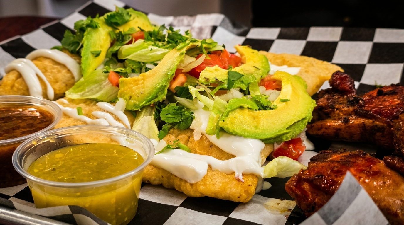 A platter of fried tacos topped with avocado, lettuce, and sour cream, with grilled chicken and sauces.