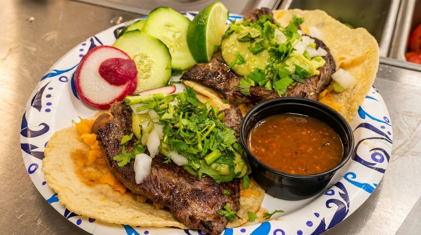 Two steak tacos with guacamole, cilantro, onions, and a side of salsa, cucumbers, and radishes.