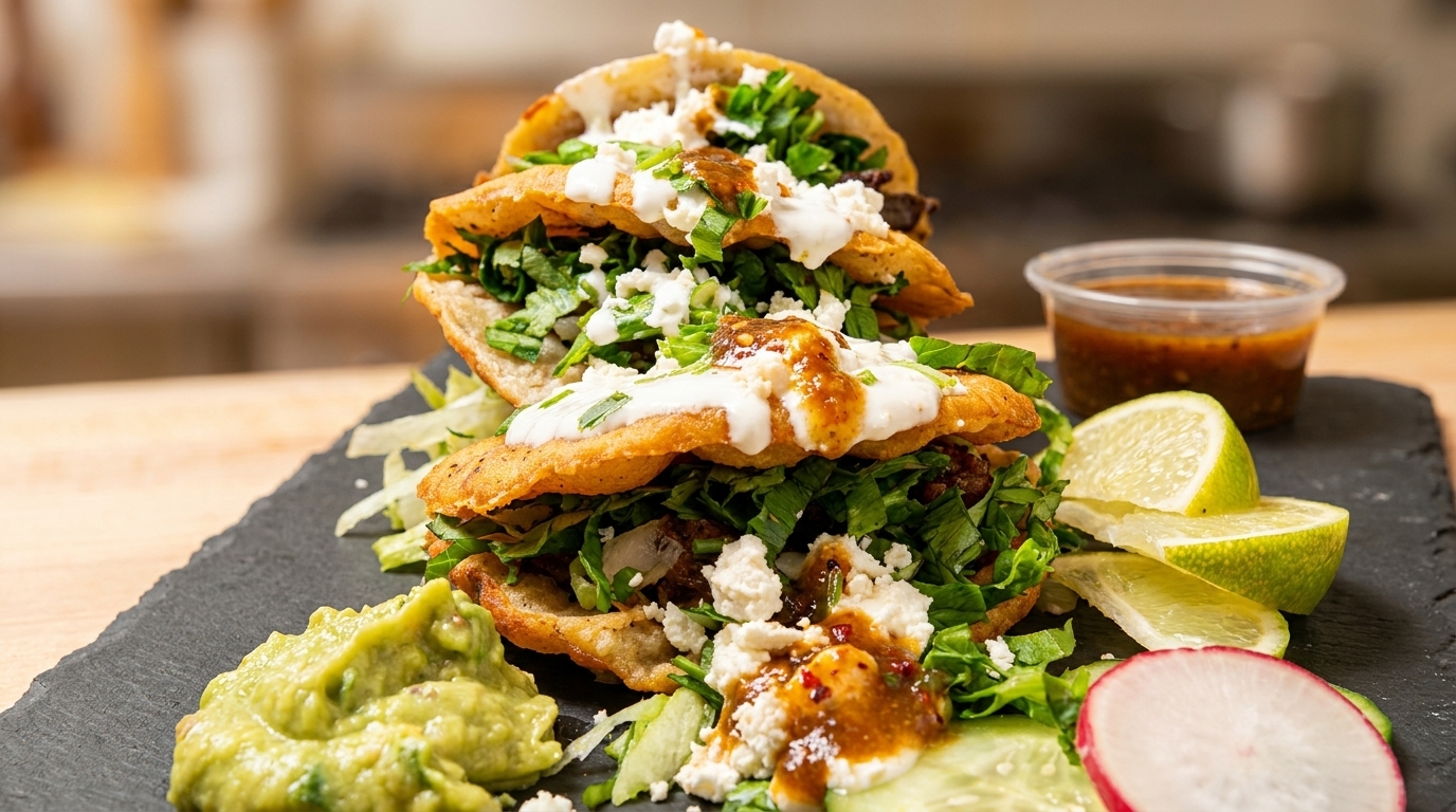 Three golden-fried gorditas filled with meat, lettuce, cheese, and sauce, served with guacamole, limes, and radish.