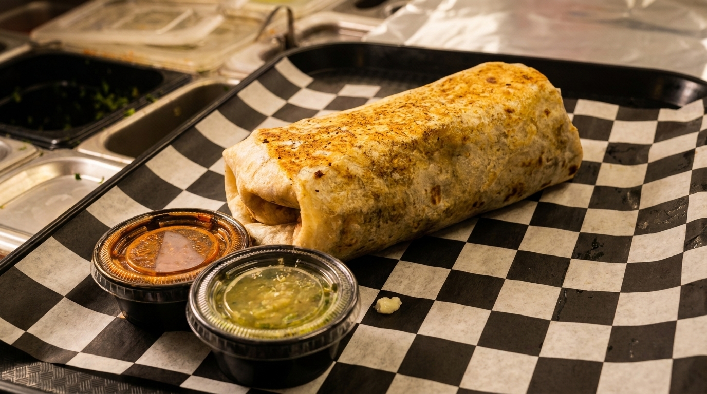 A large, grilled burrito on checkered paper with two small sauce containers.