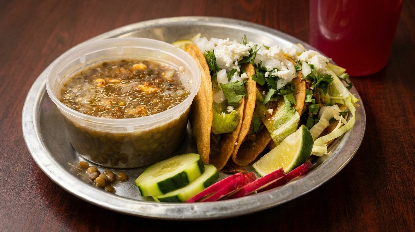 Three tacos with toppings, a side of soup, sliced cucumbers, radishes, and lime wedges on a metal plate.