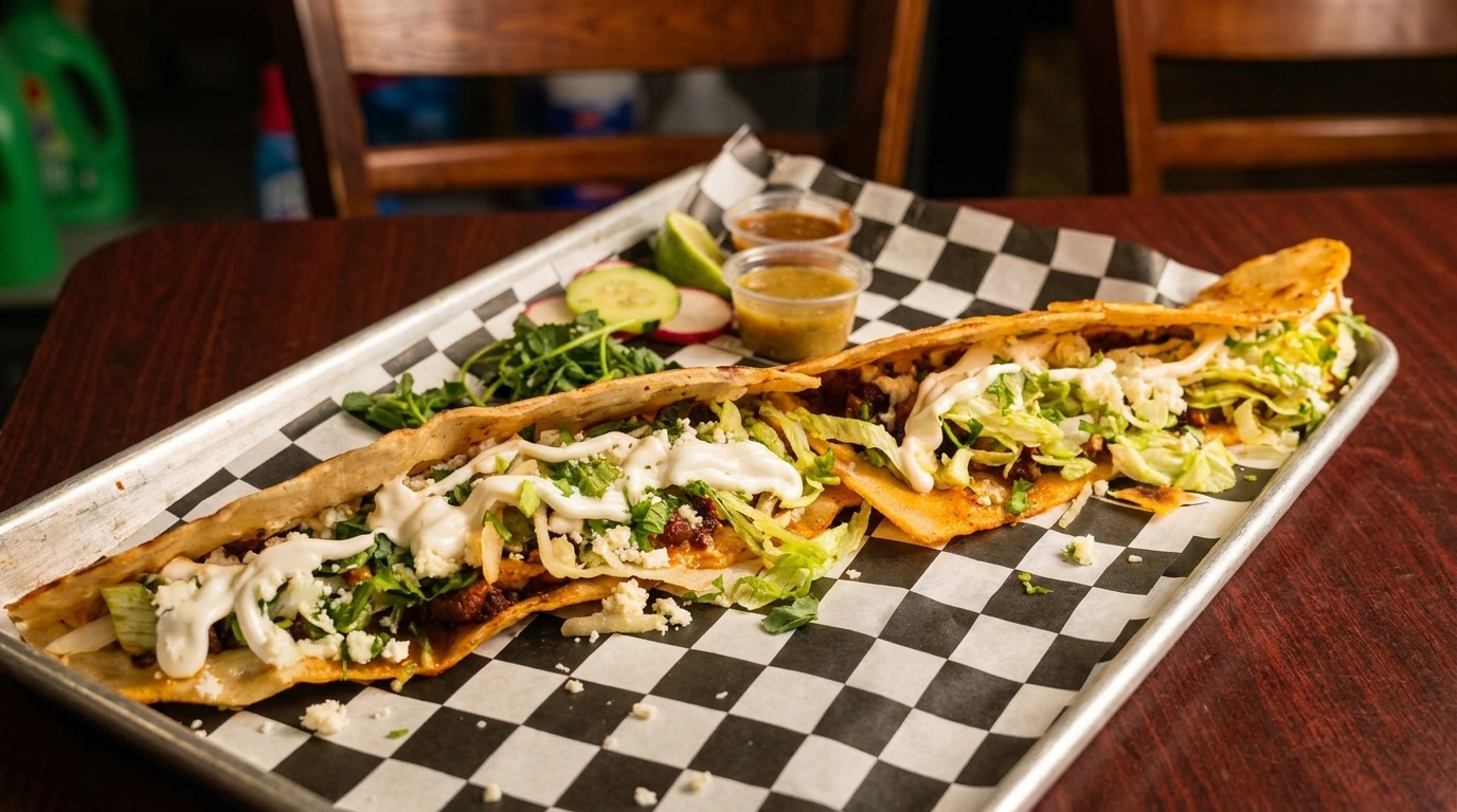 A large quesadilla filled with meat, lettuce, cheese, and crema, served with salsa and vegetables.