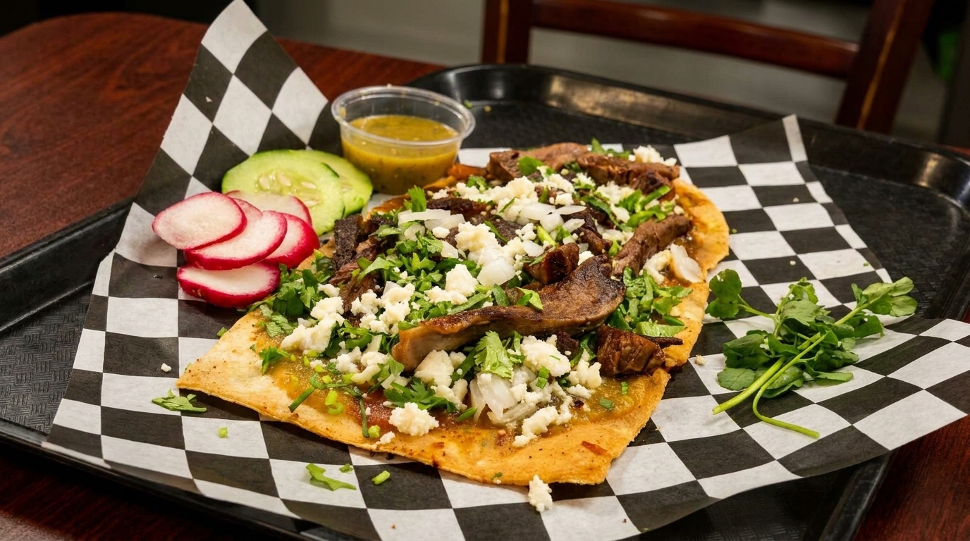 A large Mexican huarache topped with meat, cheese, cilantro, onions, and a side of radishes and salsa.