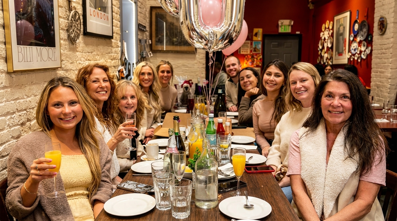 Group of smiling people gathered around a table with drinks and balloons at a restaurant.