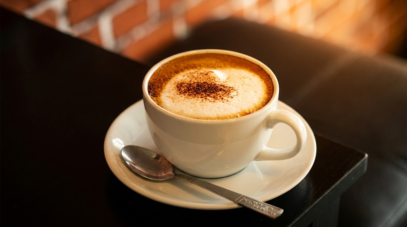 A white cup of cappuccino with foam and cocoa powder sits on a dark table.