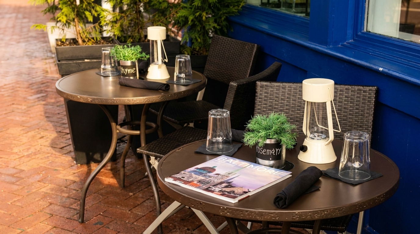 Outdoor cafe tables with potted herbs, lanterns, and a magazine on a brick patio.