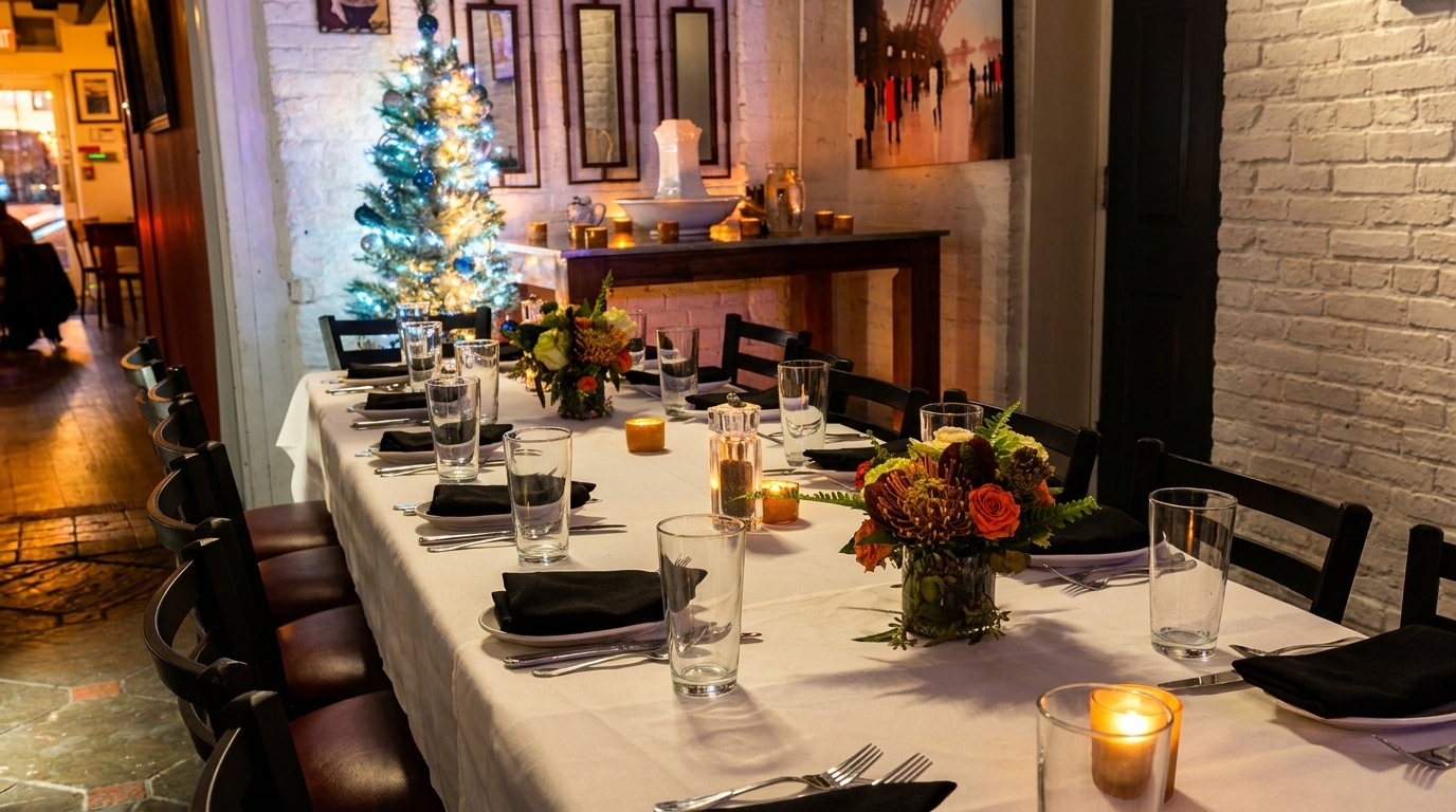 Long dining table set with white tablecloth, black napkins, floral centerpieces, and candles, with a lit Christmas tree in the background.