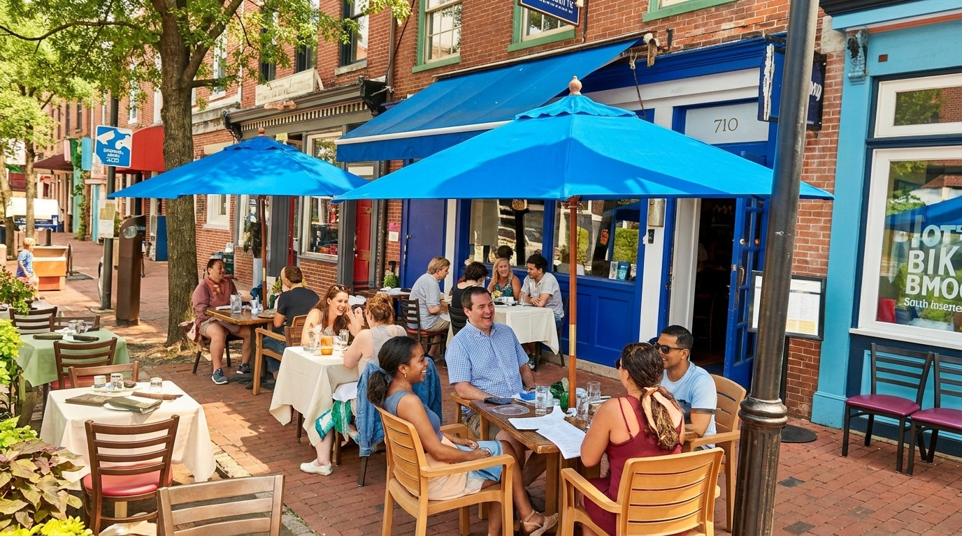 Patrons enjoy outdoor dining under blue umbrellas on a sunny brick sidewalk in front of a restaurant.