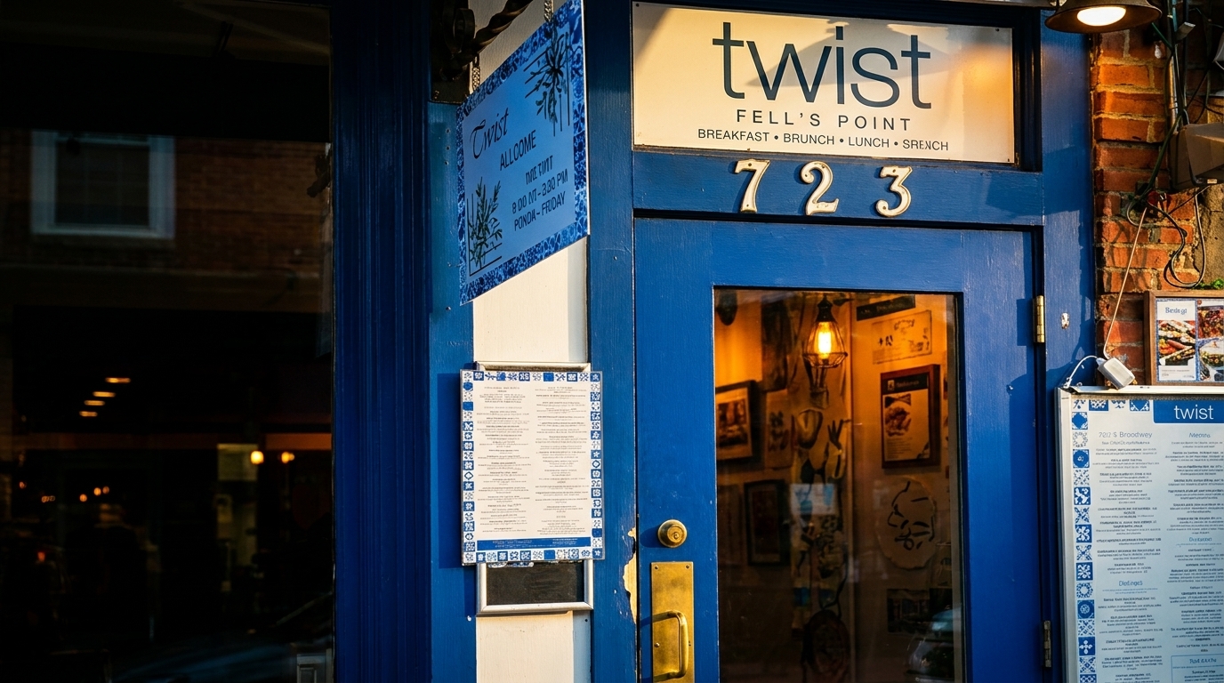 The blue entrance of Twist Fell's Point restaurant, with menus displayed and warm interior lighting.