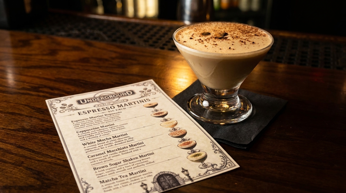 An espresso martini with foam and cocoa powder sits next to a martini menu on a wooden bar.