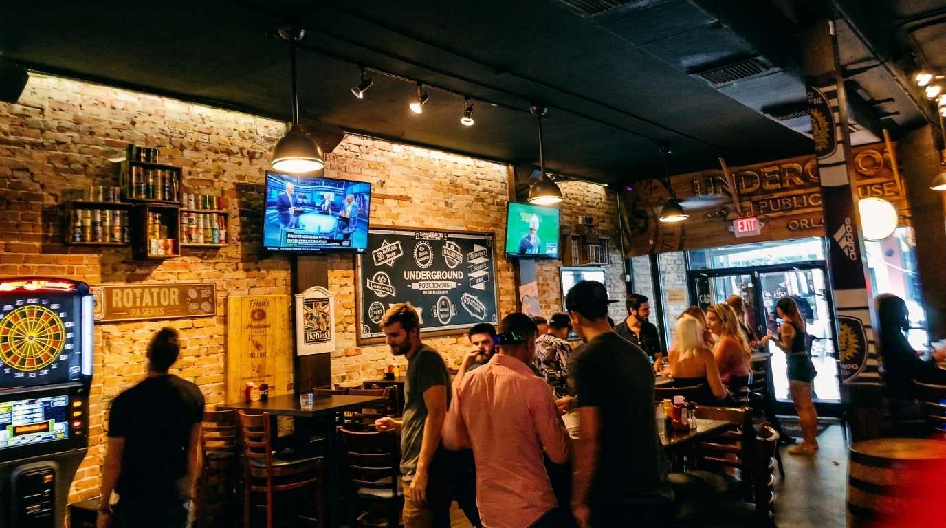 A lively bar interior with brick walls, people socializing, dartboard, and TVs showing sports.