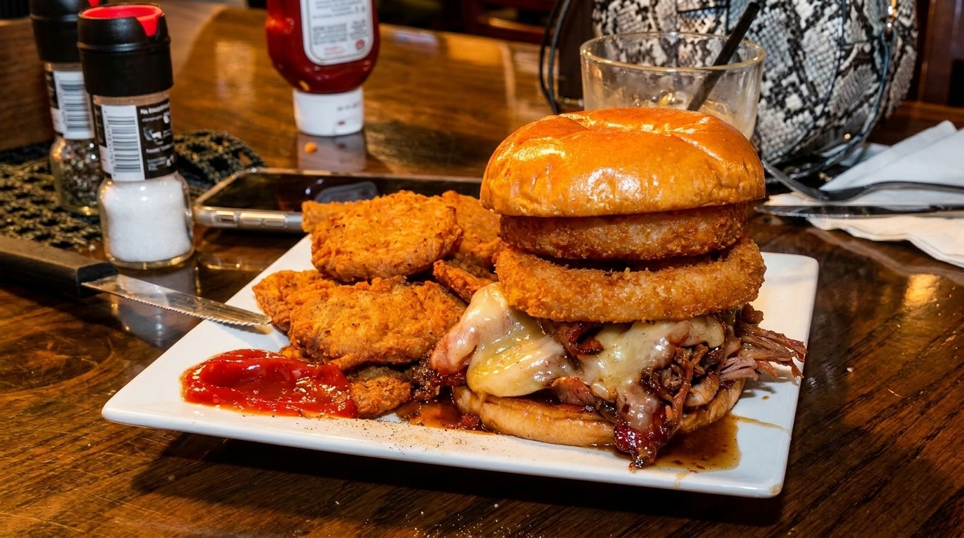 A pulled pork burger with melted cheese and onion rings, served with fried chicken and ketchup.