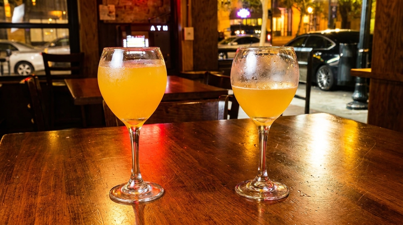 Two glasses of orange cocktails on a wooden table inside a restaurant at night.