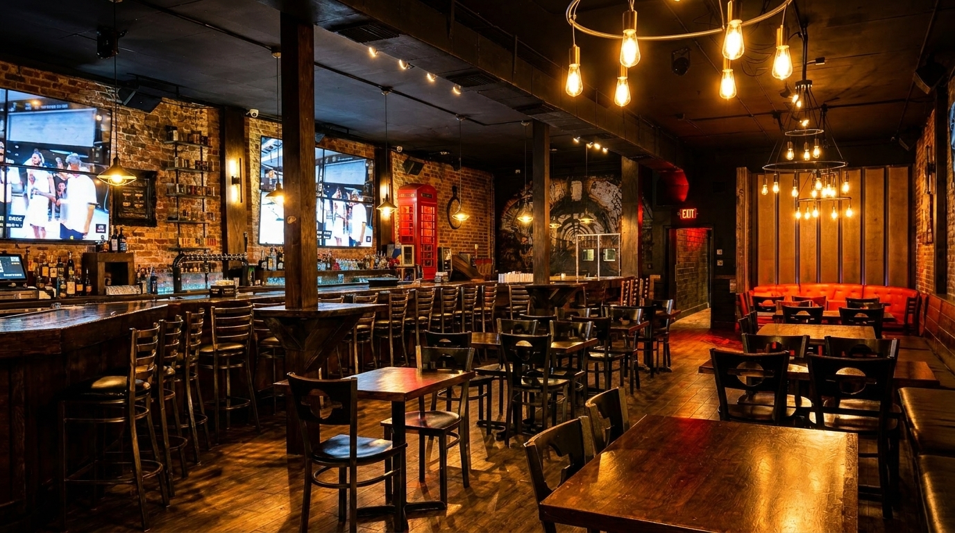 A dimly lit restaurant interior with a long bar, high-top tables, and red booth seating.