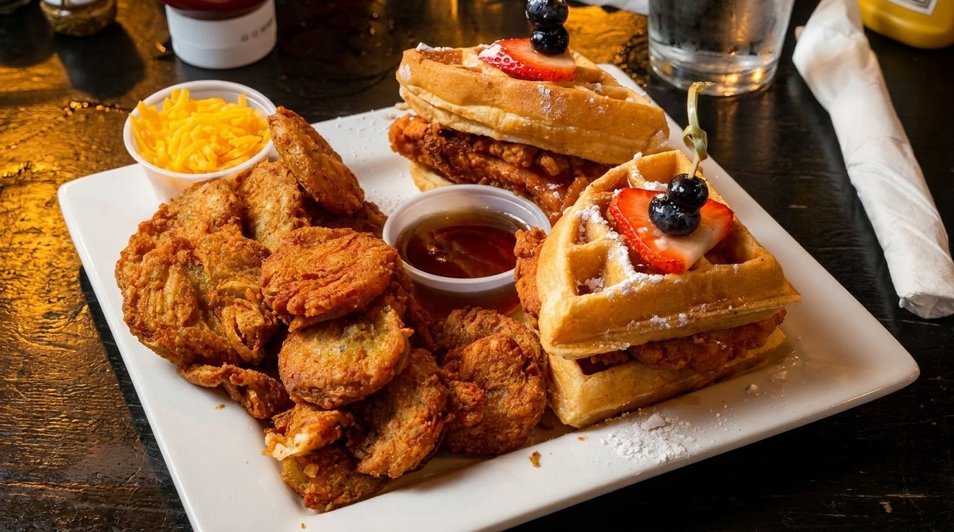 A plate of fried chicken and waffles topped with strawberries and blueberries, with a side of fried pickles.