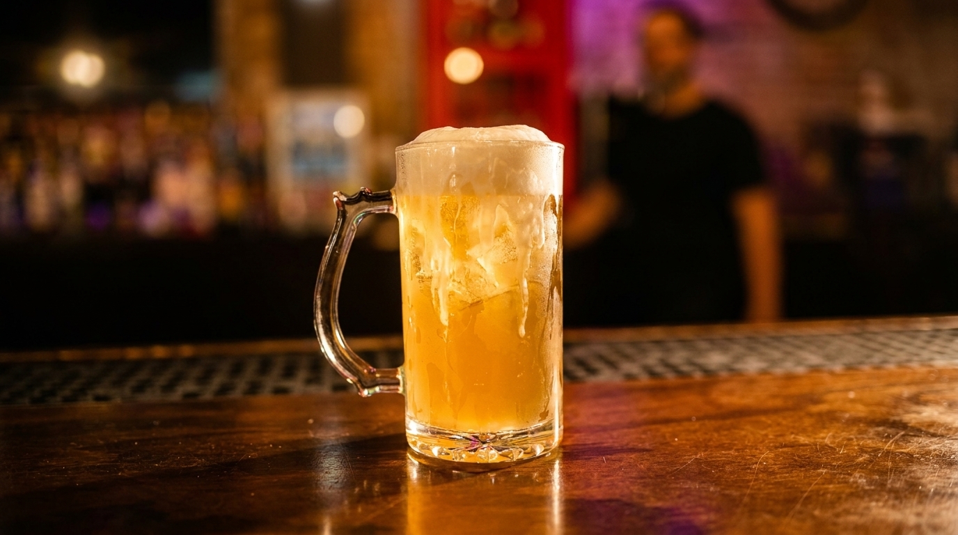 A frosty mug of beer with a foamy head sits on a dark wooden bar, with a blurred bartender in the background.