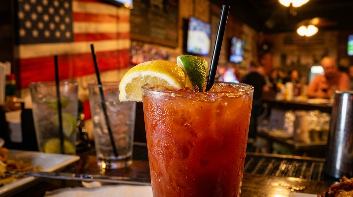 A Bloody Mary cocktail with lemon and lime on a bar, with an American flag in the background.