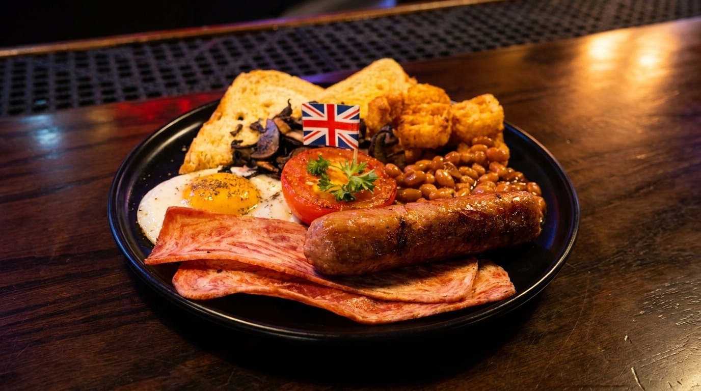 A full English breakfast with sausage, bacon, eggs, beans, hash browns, toast, and a Union Jack flag.