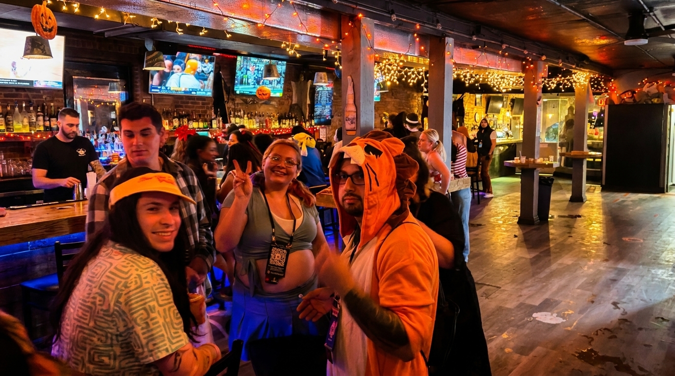 People in Halloween costumes, including a lion, at a lively bar with string lights and a bartender.